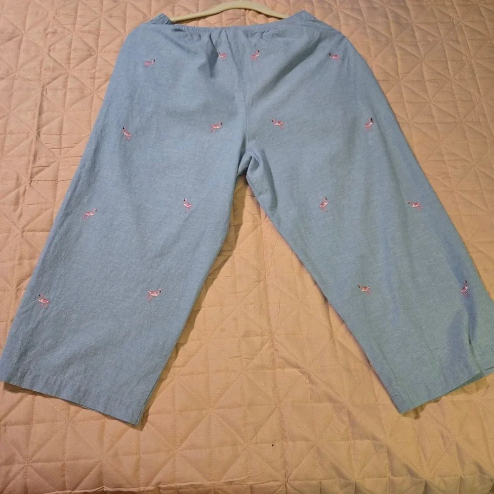 Jane Ashley Blue‎ Cotton Flamingo Chambray Set Top Pants PL Embroidery Sequin